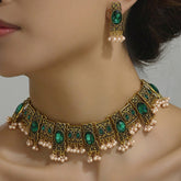 Vintage Green Gemstone & Pearl Choker Necklace Set